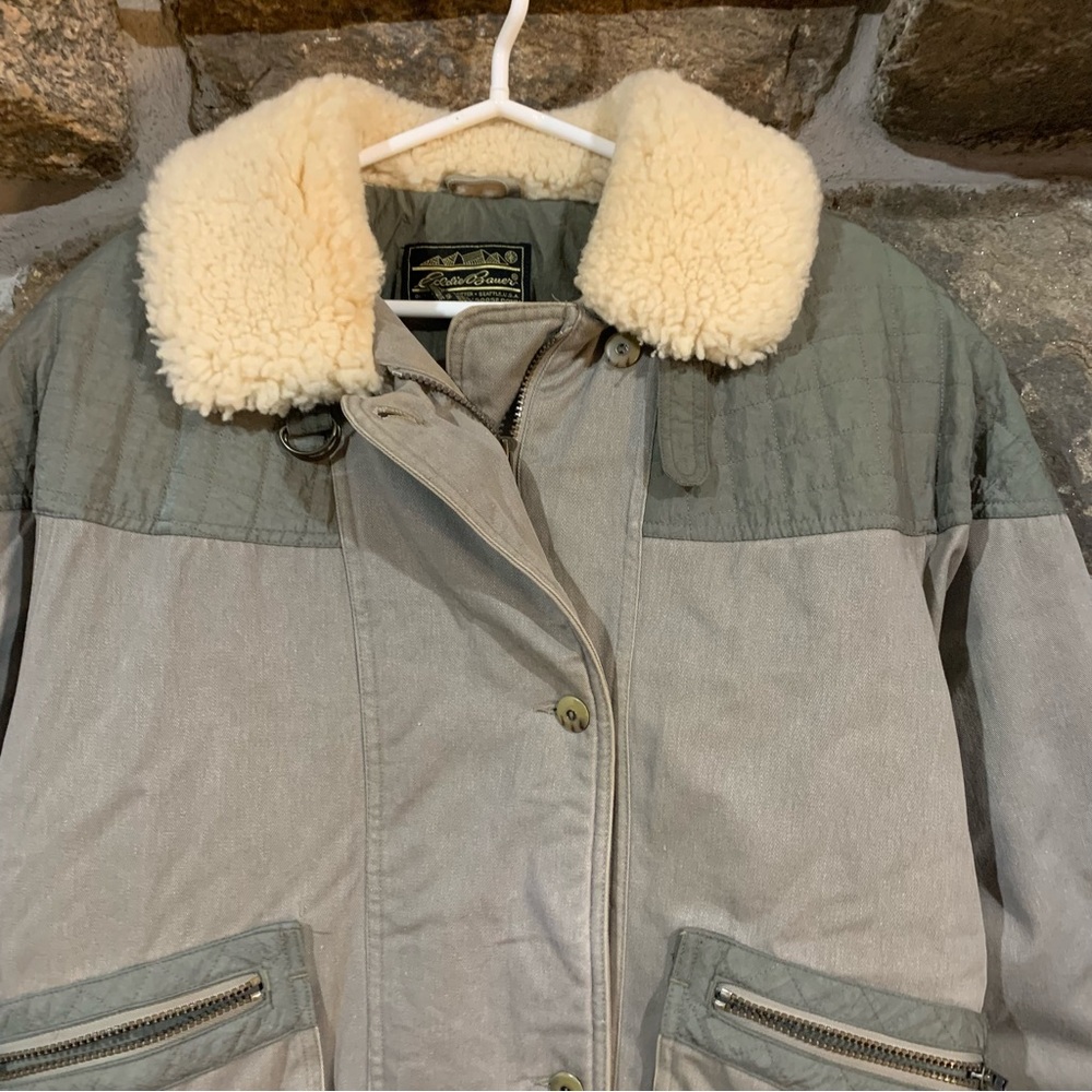 Vintage Eddie Bauer Men's Two-Tone Olive Jacket With Real Shearling Collar - Picture 2 of 7